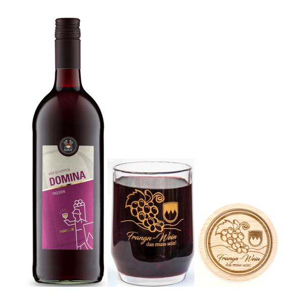 Vier Schoppen Domina 1 l + Glas-Weinkrüglein + Holz-Untersetzer gratis