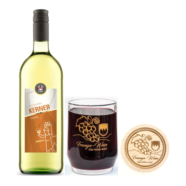 Vier Schoppen Kerner 1l + Glas-Weinkrüglein + Holz-Untersetzer gratis