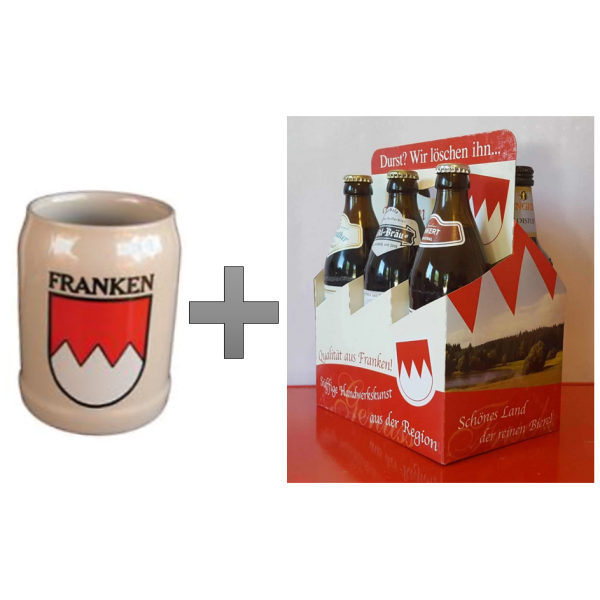 Wappen-Seidla 0,5 l mit 6 Flaschen fränkischem Bier im Bierträgerla