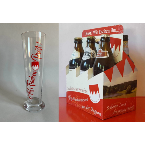 Franken-Bierglas 0,5l mit 6 Flaschen fränkischem Bier im Bierträgerla