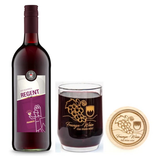 Vier Schoppen Regent 1l + Glas-Weinkrüglein + Holz-Untersetzer gratis