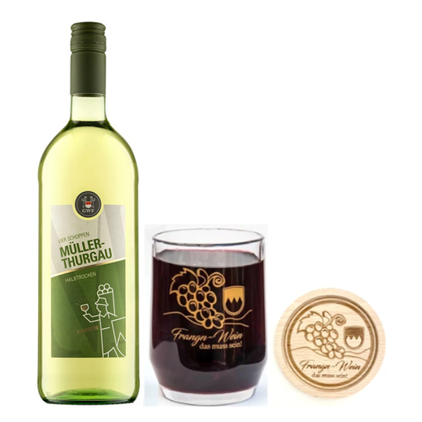 Vier Schoppen Müller-Thurgau (halbtrocken) 1l + Glas-Weinkrüglein + Holz-Untersetzer gratis
