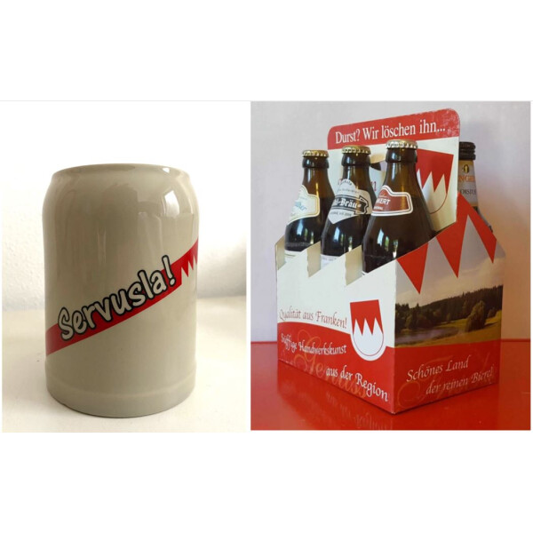Seidla "Servusla" mit 6 Flaschen fränkischem Bier im Bierträgerla
